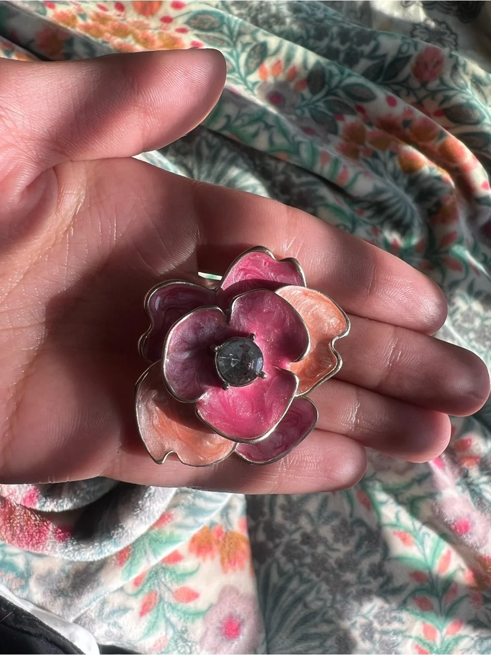 Pink & Peach Enamel Flower Ring with Crystal Center